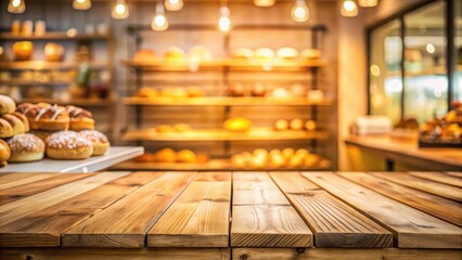 Surreal Bakery Product Photography: Empty Wooden Table Mockup, Blurred Background