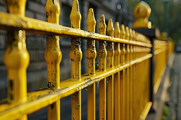 high quality visual of Yellow iron fence with decorative elements, adding charm to the yard
