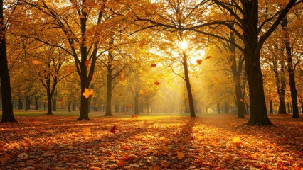 Fototapeta premium Autumn trees display golden leaves in a serene park during the golden hour, showcasing seasonal change and natural beauty