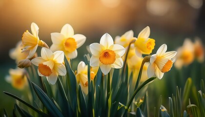 Vibrant Narcissus Blossoms A Delicate CloseUp Embracing Springtimes Bounty, Captured against the backdrop of a Lush Garden on a Sunny Afternoon.