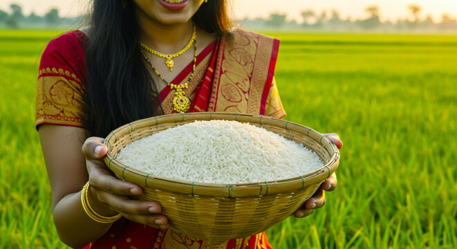Indian woman holding a basket with rice, known in India various name as jasmine, basmati, sona masoori in rice farm background 