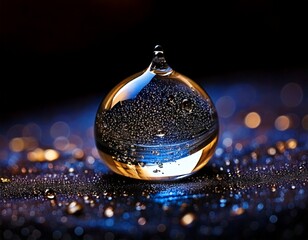 Macro shot of a single water droplet reflecting an entire miniature galaxy