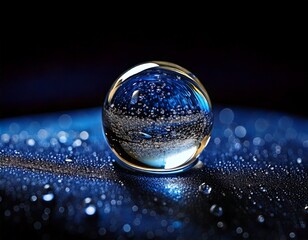 Macro shot of a single water droplet reflecting an entire miniature galaxy