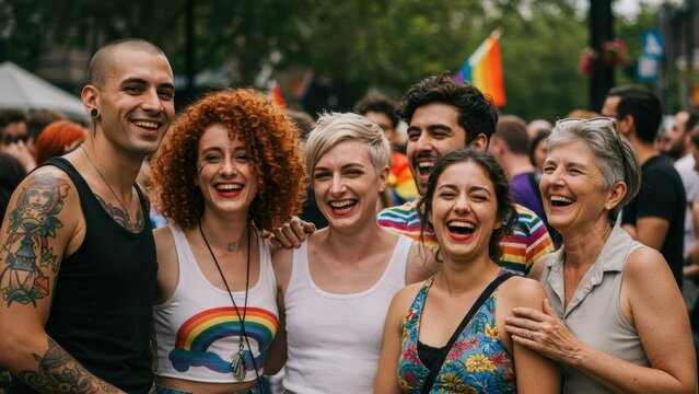 Diverse group of young adults laughing together in urban park during pride celebration Themes of inclusion, joy, and diversity