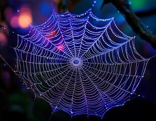 Macro shot of a spider web covered in glowing dew, reflecting neon blues