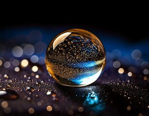 Macro shot of a single water droplet reflecting an entire miniature galaxy
