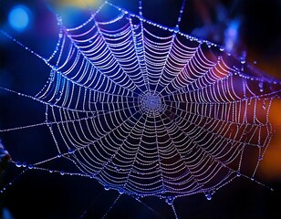 Macro shot of a spider web covered in glowing dew, reflecting neon blues