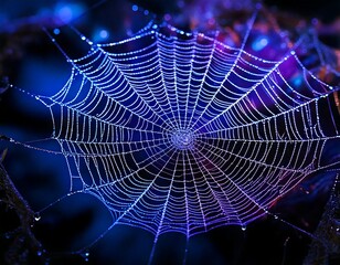 Macro shot of a spider web covered in glowing dew, reflecting neon blues