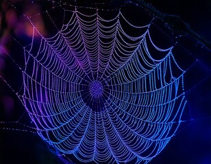 Macro shot of a spider web covered in glowing dew, reflecting neon blues