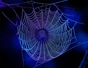 Macro shot of a spider web covered in glowing dew, reflecting neon blues