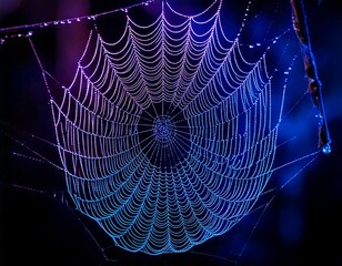Macro shot of a spider web covered in glowing dew, reflecting neon blues