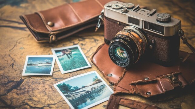 Vintage camera and travel accessories arranged with photographs are visible