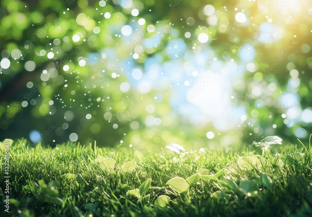 Poster sparkling dew on fresh green grass under soft sunlight creating a tranquil natural background for re