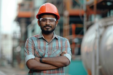 High Definition Image of Portrait of Young Indian Male Engineer in Hardhat Standing Outdoors