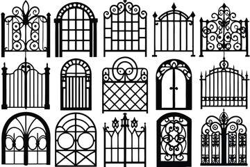 Decorative fence set silhouette vector Iron gates and fences set silhouette