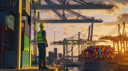worker in high visibility vest observes busy shipping port at sunset