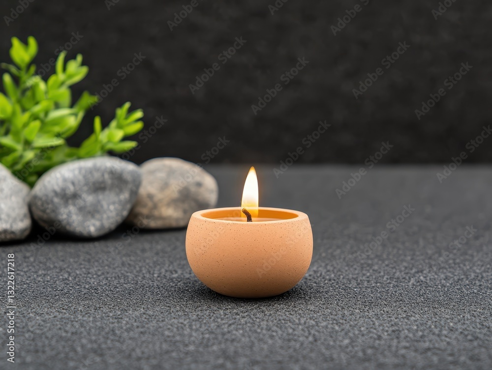 Poster a serene candle burning in a minimalistic setting with pebbles and greenery