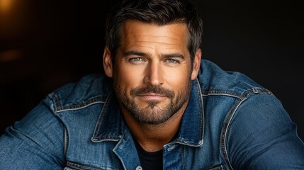 Fototapeta premium A man with a strong jawline and captivating smile wears a denim jacket. He looks directly at the camera in a softly lit room, exuding confidence and charm