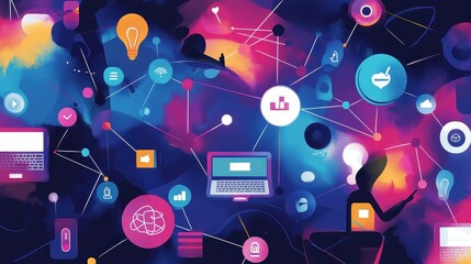 Network flat design top view theme information technology water color vivid. 