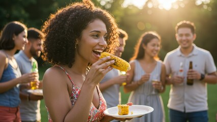 Black woman eating corn at summer picnic with friends outdoors Joyful gathering celebrating food and friendship