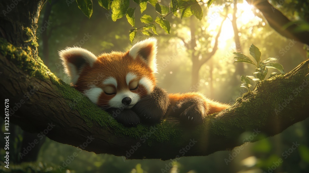 Aufkleber adorable sleeping red panda nestled on a tree branch surrounded by vibrant greenery in a serene fore