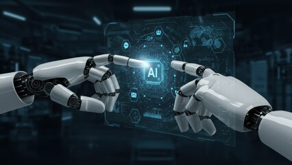 Two robotic hands interacting with a digital AI interface in a high tech setting Highlights innovation and technology
