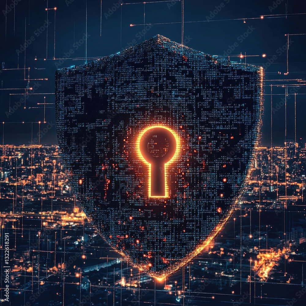 Poster cybersecurity shield protecting digital city network data encryption