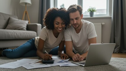 Obraz premium African American woman and Caucasian man work on finances at home together enjoying a cozy atmosphere
