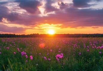 Obraz premium Stunning Sunset Over a Vibrant Field of Wildflowers Under Dramatic Clouds with a Warm Glow of Light in Early Evening