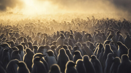 Obraz premium dramatic scene of thousands of king penguins in misty golden light