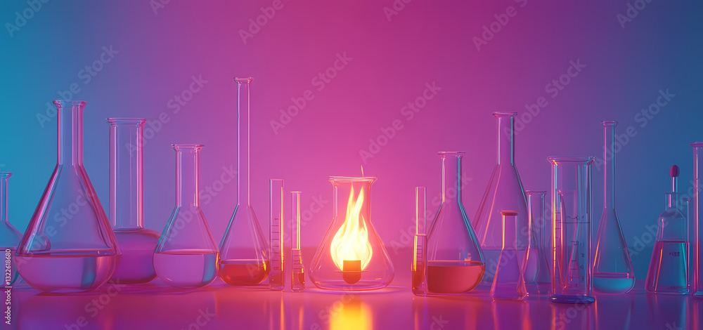 Poster illuminating experiment: a mesmerizing array of laboratory glassware bathed in vibrant hues of purpl