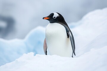 Fototapeta premium Majestic Gentoo Penguin on Antarctic Ice Stunning Wildlife Photography Breathtaking Nature Scene Winter Wonderland Beautiful Bird Antarctic Landscape 