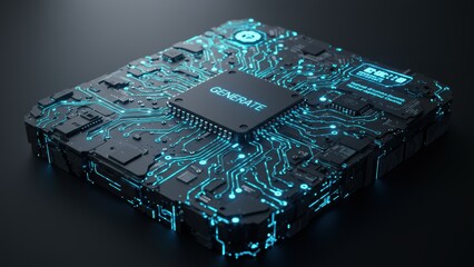 Futuristic circuit board featuring blue lights and electronic components Represents innovation and technology