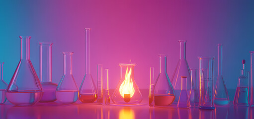 Illuminating Experiment: A mesmerizing array of laboratory glassware bathed in vibrant hues of purple and blue, with a flame illuminating a central flask.