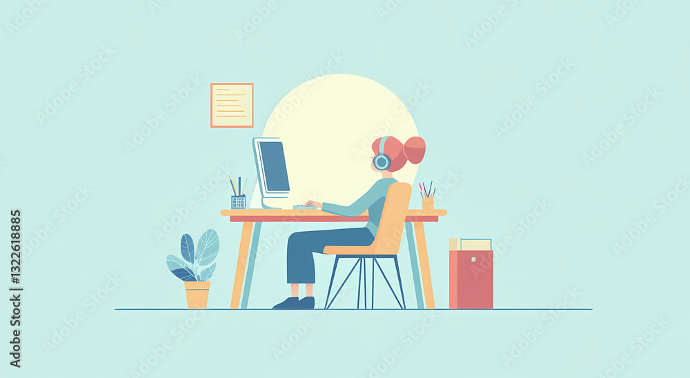 Poster digital workspace: a vibrant illustration of a person immersed in a digital workspace, captured from