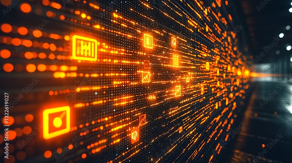 Poster digital data flows through a server room with glowing icons