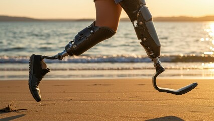 Male running on beach with prosthetic legs during sunset Highlights resilience, active lifestyle, and disability inclusion