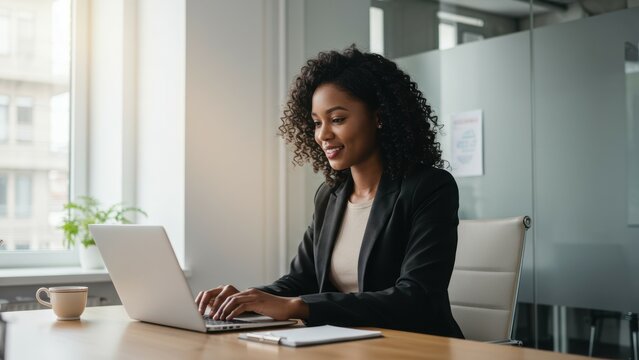 Black woman using laptop in modern office setting, enjoying natural light and promoting workplace productivity