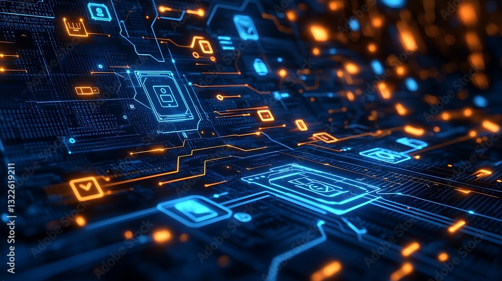 Poster futuristic computer circuit board with connected digital icons and lines