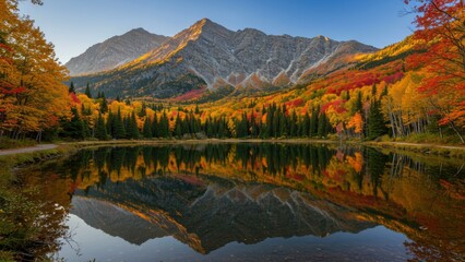 Fototapeta premium Vibrant autumn landscape with colorful trees, mountain range, and calm lake reflecting the scenery Perfect for eco tourism themes