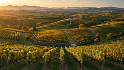 Naklejka premium Vineyard with rows of green grapevines on hills during autumn sunset in rural Germany Concept of agriculture and sustainability