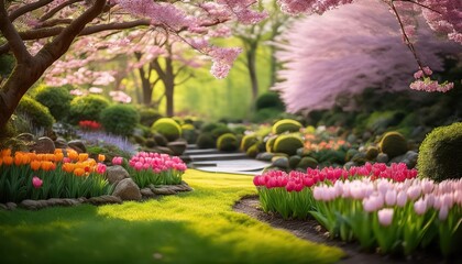 Blooming Spring Garden in Full Vigor Vibrant Blossoms Painted Across a Lush Landscape Amidst Emerald Greenery, Awakening Life with Warm Sunlight and Radiant Colors, Showcasing the