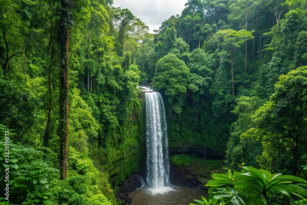 Poster waterfall cascading through lush tropical rainforest in serene natural setting generative ai