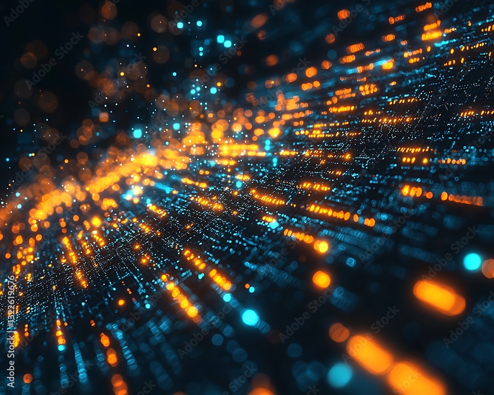 Poster a network of vibrant glowing data points with bokeh effects