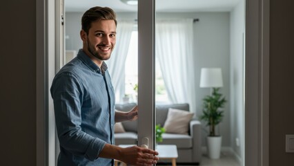Young Caucasian man smiling in modern living room, welcoming vibe in home, promoting comfort and social connection