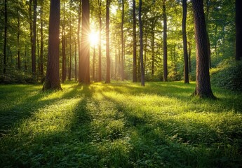 Obraz premium Sunlight Streaming Through Tall Trees in a Lush Green Forest Creating a Tranquil Natural Atmosphere with Vibrant Grass Underfoot