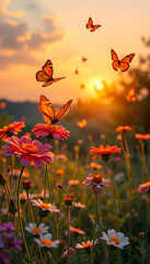 art Beautiful summer sunset background with blooming wild lovanda flowers and flying butterflies in a sunny meadow, Dynamic motion. with white shades