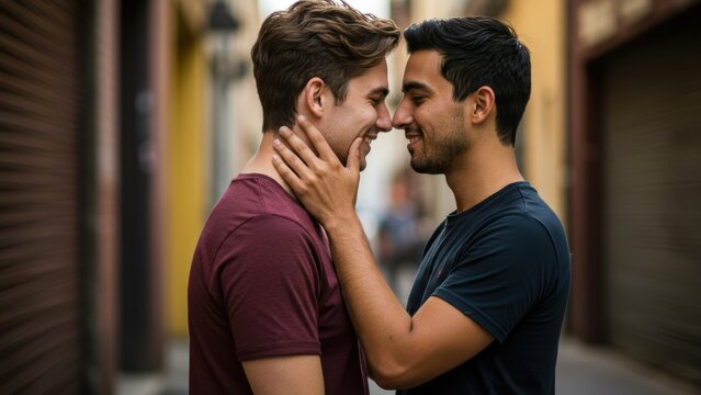 Young Latino man and young Caucasian man share an intimate moment in a city alley, embodying love and equality