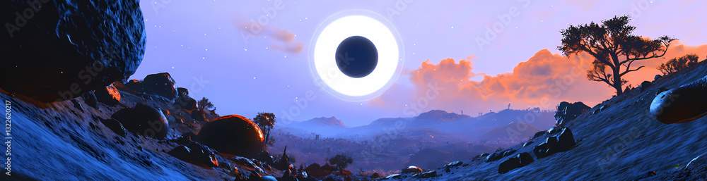 Poster celestial spectacle: a surreal celestial event unfolds as a solar eclipse casts an otherworldly glow
