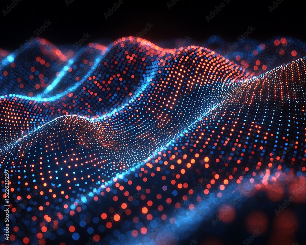 Poster an abstract representation of glowing dots forming wave patterns